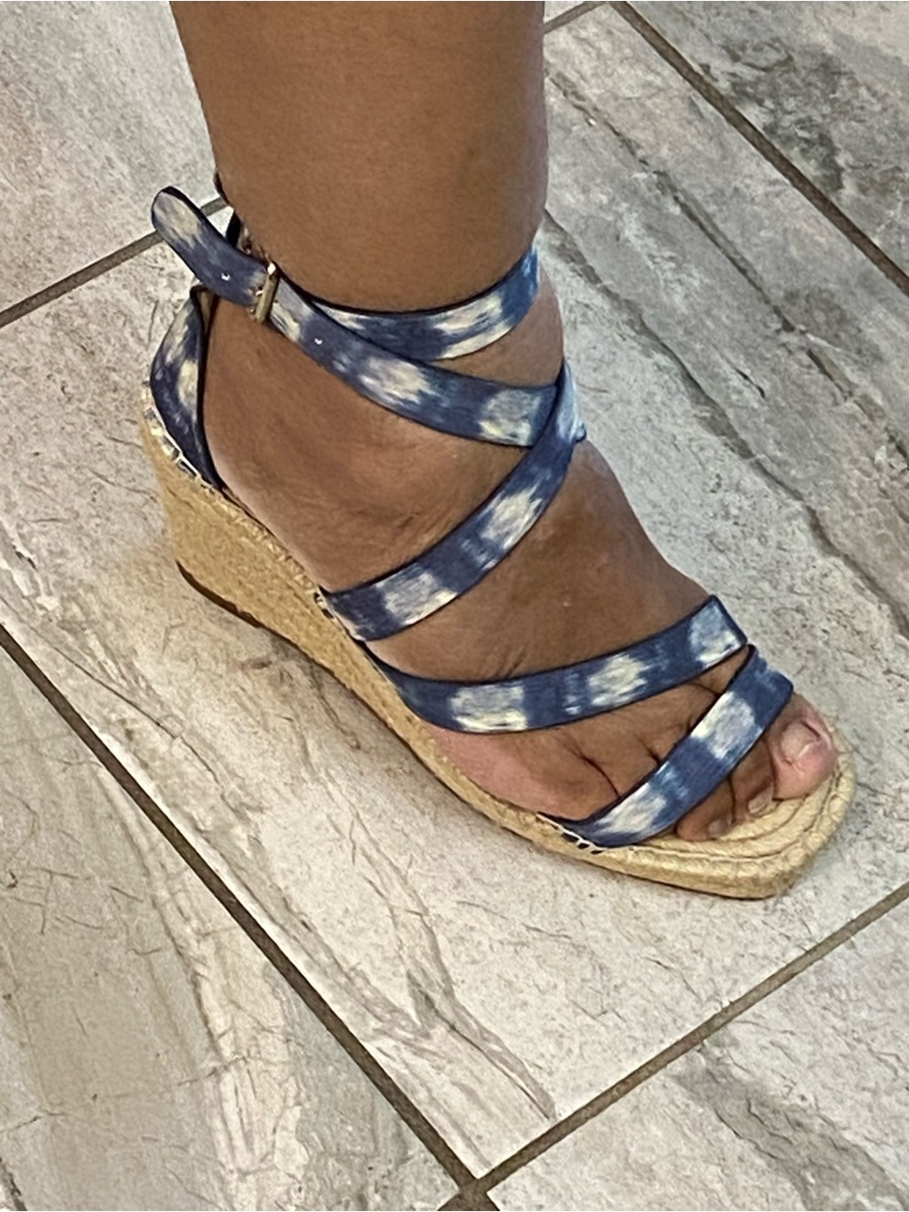 Vince Camuto Blue and White Tie-Dye Espadrille Wedge Sandals